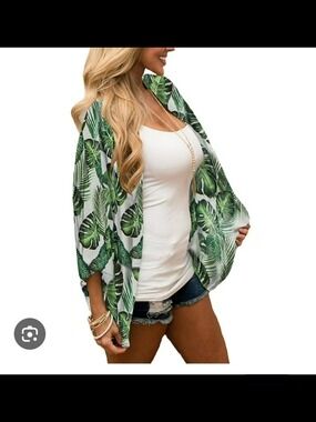 Tropical Leaf Kimono Cardigan - Green & White